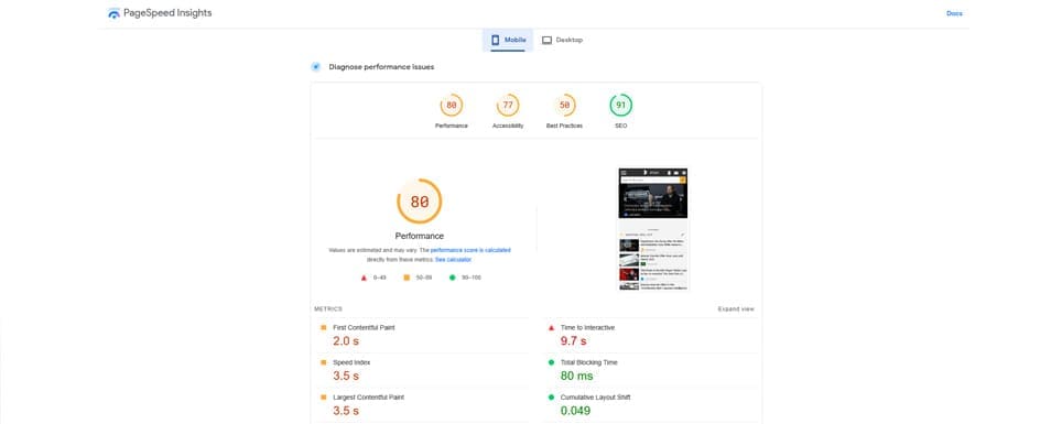 google page speed insight website performance screenshot